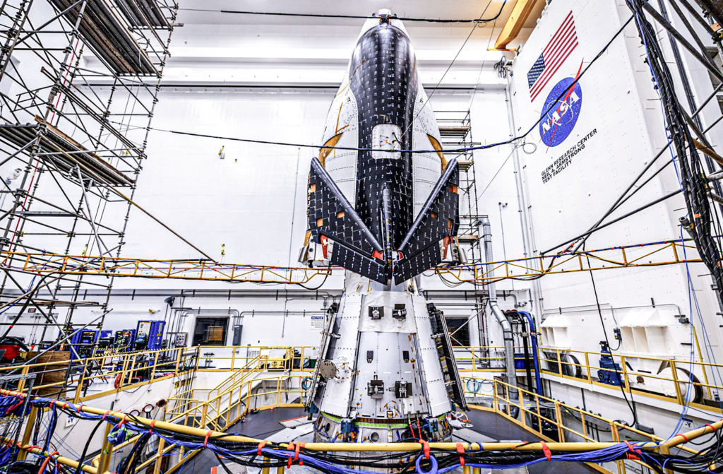 Sierra Space's Dream Chaser ready for pre-flight vibration testing on the Mechanical Vibration Facility shaker system at NASA