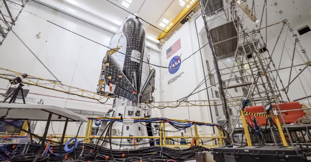 Sierra Space Dream Chaser space plane during vibration testing on MVF at NASA